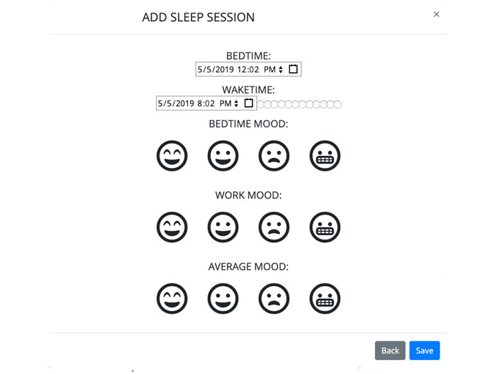 Sleep tracker app section where you input how you feel